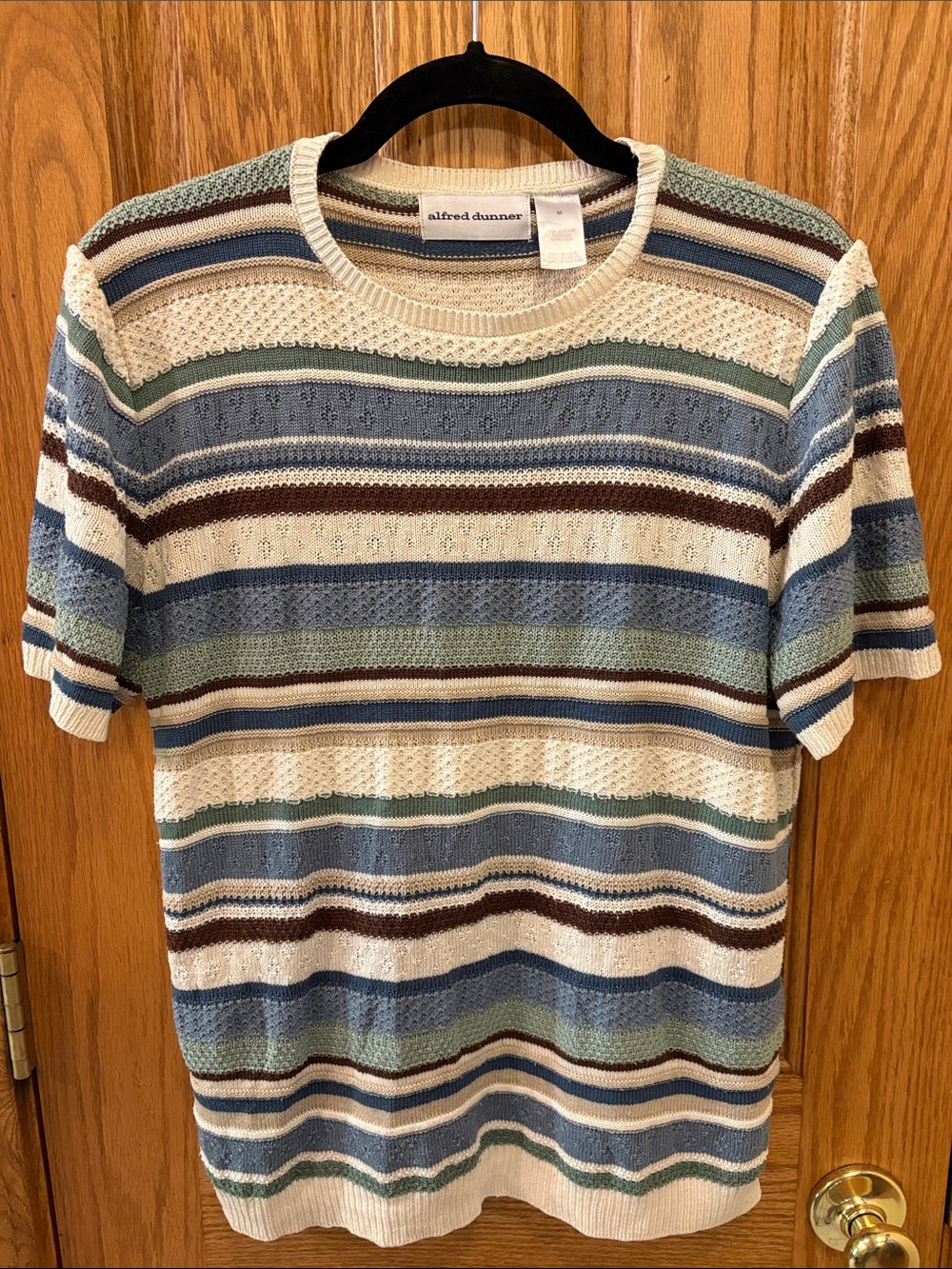 Alfred Dunner Striped Knit Short Sleeve Top - Blue, Cream, Green, Brown